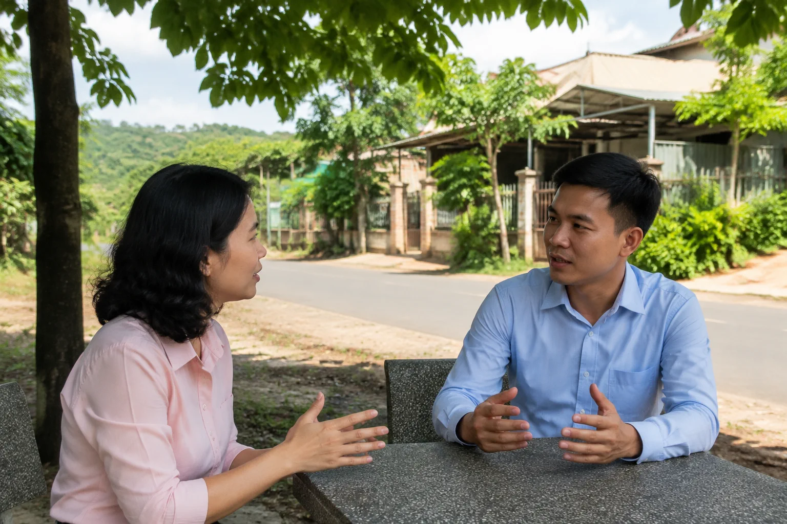 Người mua và chuyên viên tư vấn trao đổi trong không gian mở tại Đắk Nông khi chuẩn bị câu hỏi và xác minh thông tin giao dịch, thể hiện bước làm rõ nhu cầu trước khi thực hiện thủ