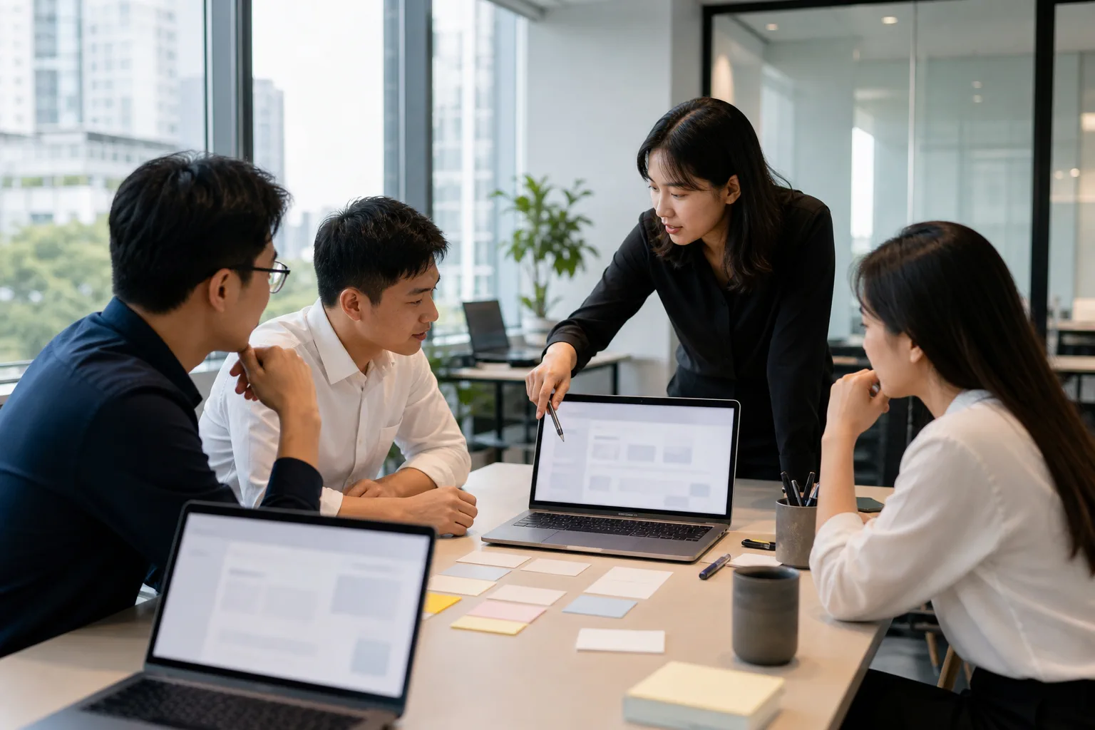 Nhóm nhân sự doanh nghiệp Việt Nam đang cùng phân tích cấu trúc website trên bàn làm việc hiện đại, thể hiện quá trình lên kế hoạch trải nghiệm người dùng trước khi thiết kế