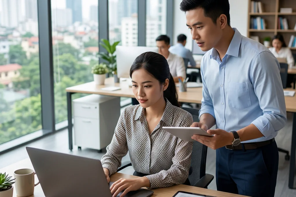 Nhân viên doanh nghiệp Việt Nam quản lý nội dung và thông tin khách hàng trên hệ thống website trong công việc hằng ngày