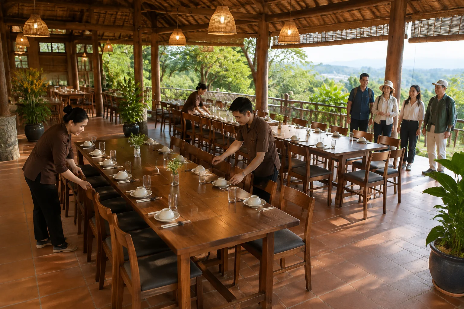 Nhân viên nhà hàng Việt Nam đang chuẩn bị khu vực bàn ăn cho nhóm khách du lịch với nhiều chỗ ngồi được sắp xếp hợp lý, thể hiện sự phối hợp không gian và trải nghiệm dùng bữa theo