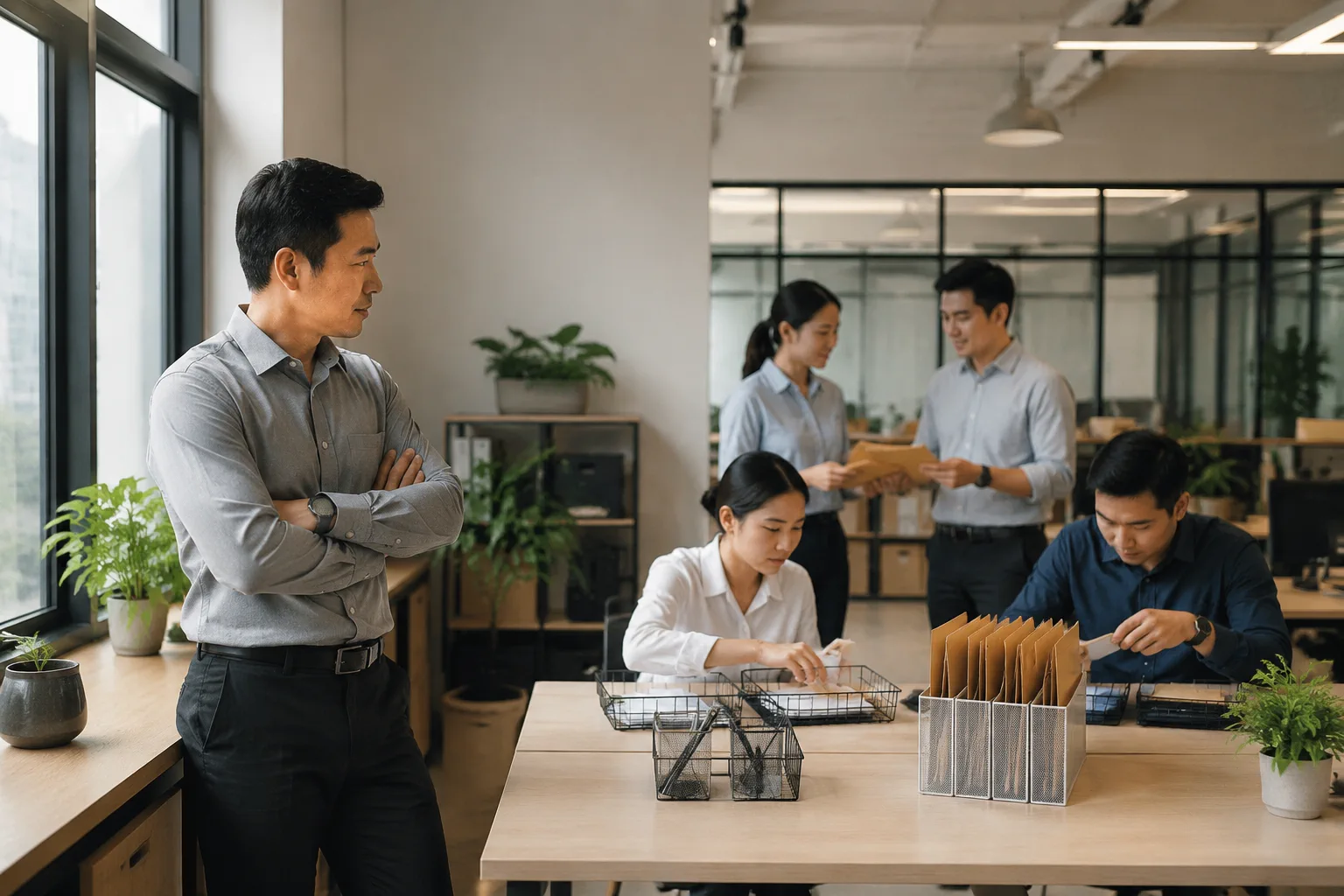 Nhân sự doanh nghiệp Việt Nam quan sát luồng tiếp nhận yêu cầu khách hàng trong không gian vận hành hiện đại, thể hiện việc kết nối giữa điểm gửi thông tin trên website và quy trìn