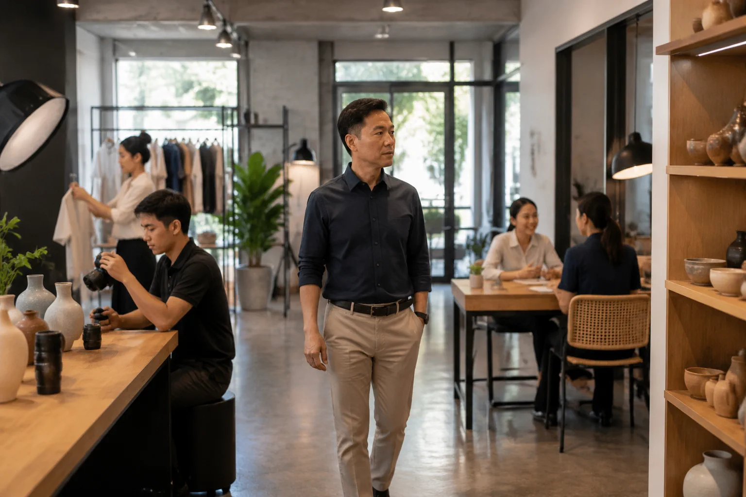 Chủ doanh nghiệp Việt Nam quan sát không gian vận hành marketing với các khu vực làm việc được bố trí rõ ràng, thể hiện việc xác định vai trò của website trong kế hoạch phát triển