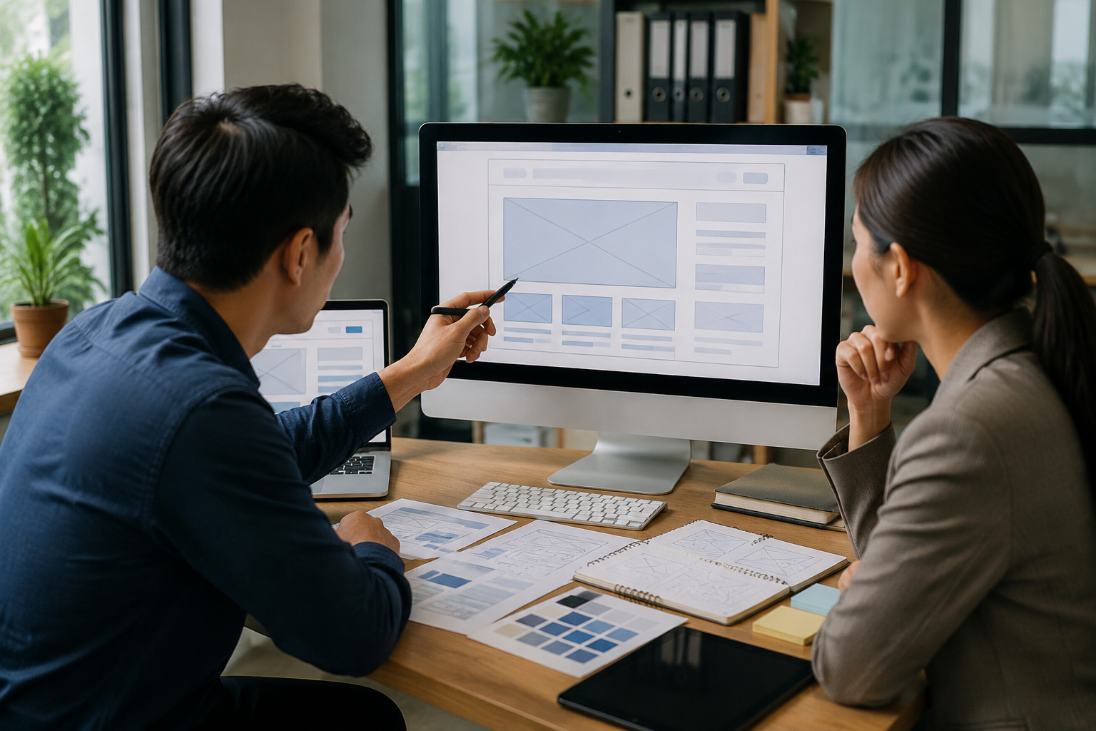 Chuyên viên marketing và chủ doanh nghiệp Việt Nam đang trao đổi kế hoạch xây dựng website trên màn hình máy tính, thể hiện việc chuẩn bị SEO ngay từ giai đoạn thiết kế