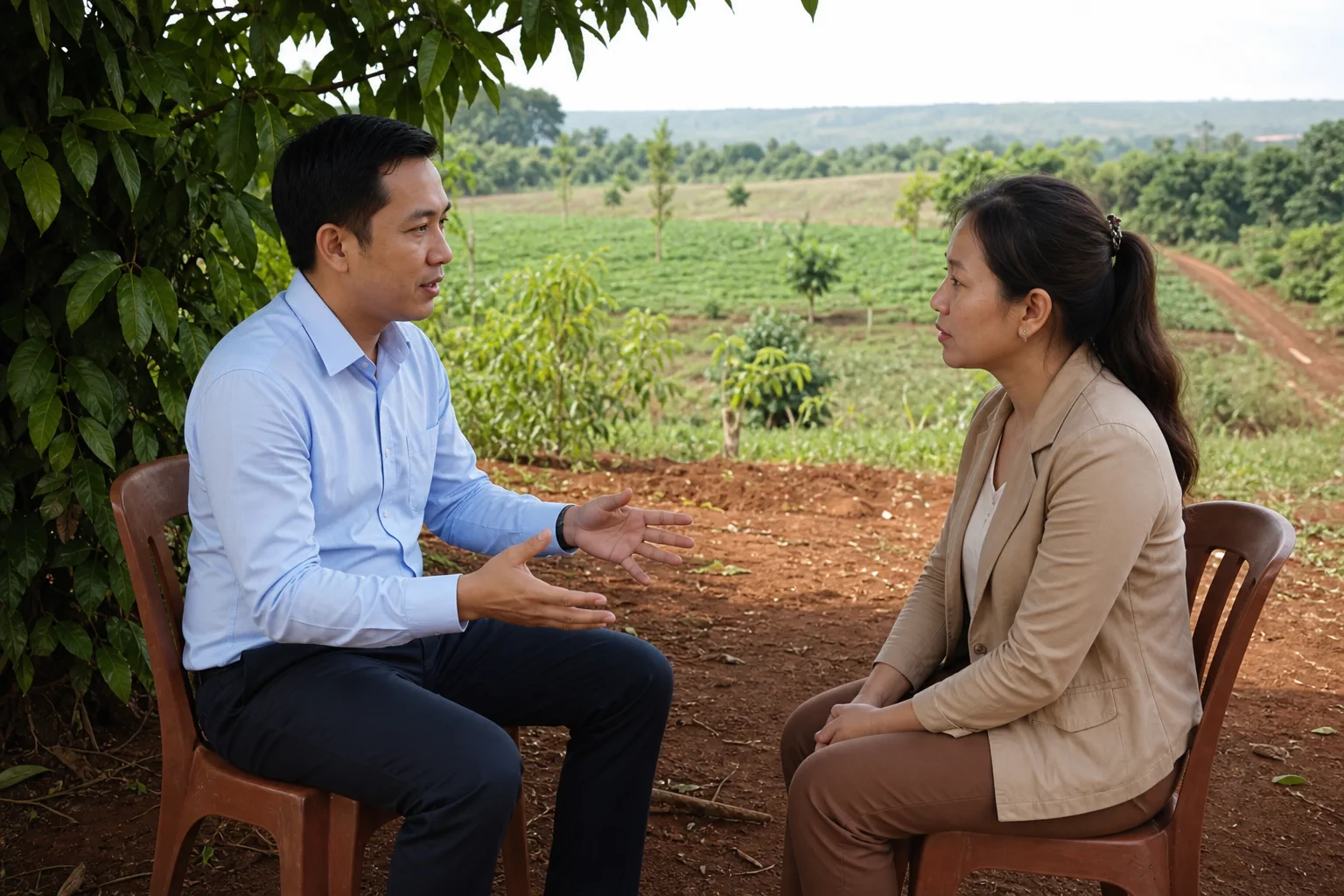 Người mua và chuyên viên tư vấn bất động sản trao đổi về tiêu chí tài chính khi xem khu đất tại Đắk Nông, tập trung vào quá trình đặt câu hỏi và đánh giá trước giao dịch.