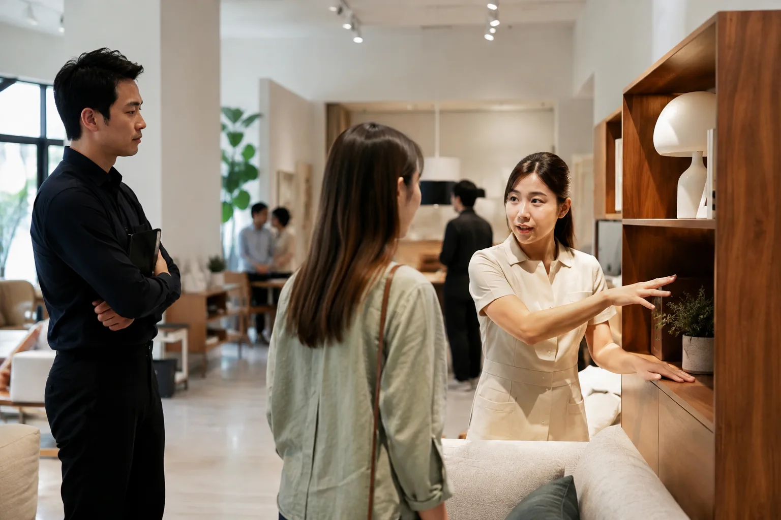 Nhân viên doanh nghiệp Việt Nam quan sát khách hàng sử dụng dịch vụ tại khu vực tiếp đón, thể hiện việc nghiên cứu hành trình trải nghiệm trước khi thiết kế website.