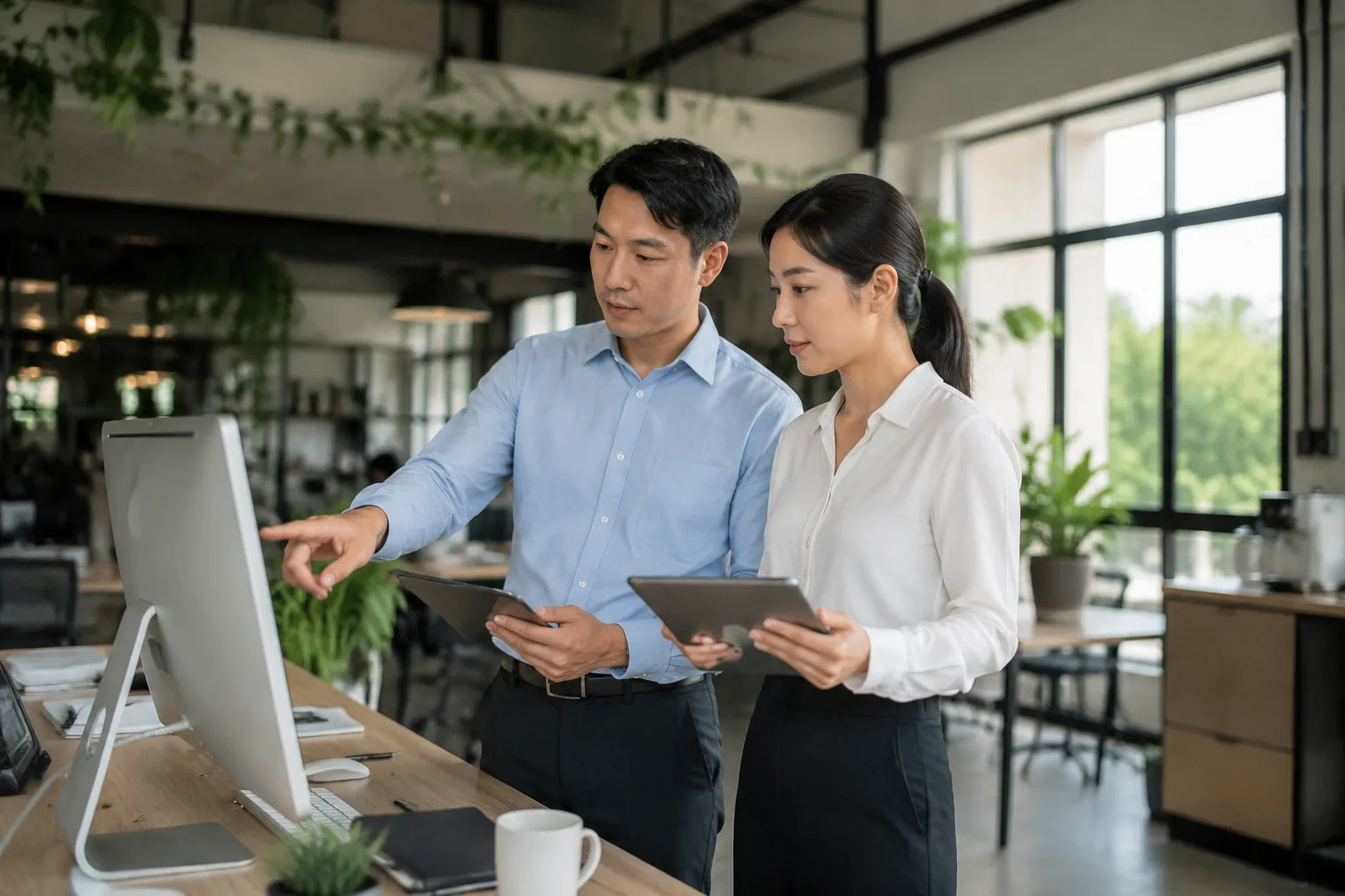 Nhân sự doanh nghiệp Việt Nam kiểm tra trải nghiệm website sau khi hoàn thiện cùng chuyên viên kỹ thuật trong không gian làm việc, quan sát thao tác trên thiết bị không hiển thị nộ