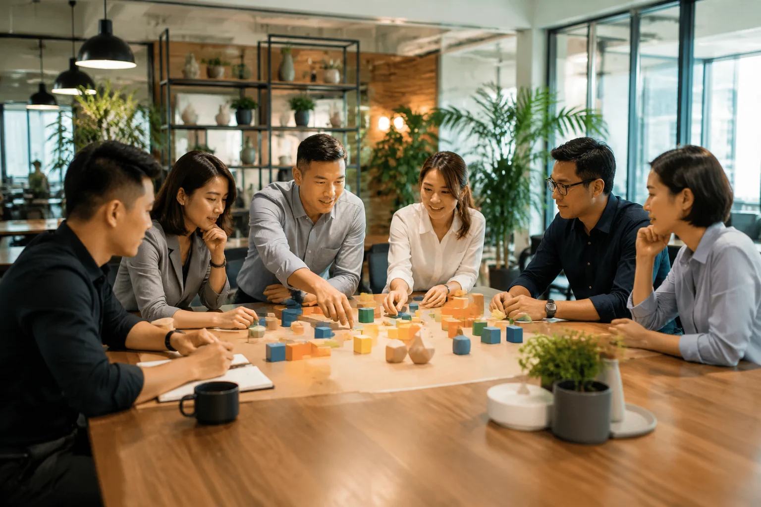 Nhóm lãnh đạo và đại diện các phòng ban doanh nghiệp Việt Nam cùng ngồi trao đổi trong không gian họp mở, sử dụng các vật thể mô hình trừu tượng để phân loại ý tưởng website, thể h