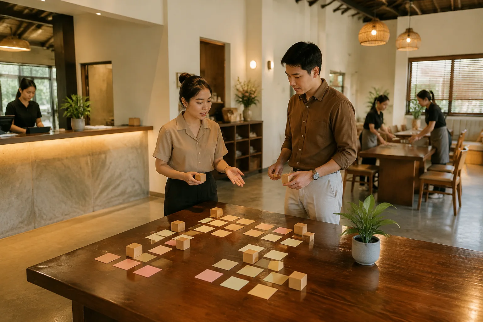 Chuyên viên doanh nghiệp Việt Nam kiểm tra các khu vực nội dung và hành trình người dùng trong không gian làm việc thực tế, thể hiện việc phân nhóm trang và nội dung trước khi phát