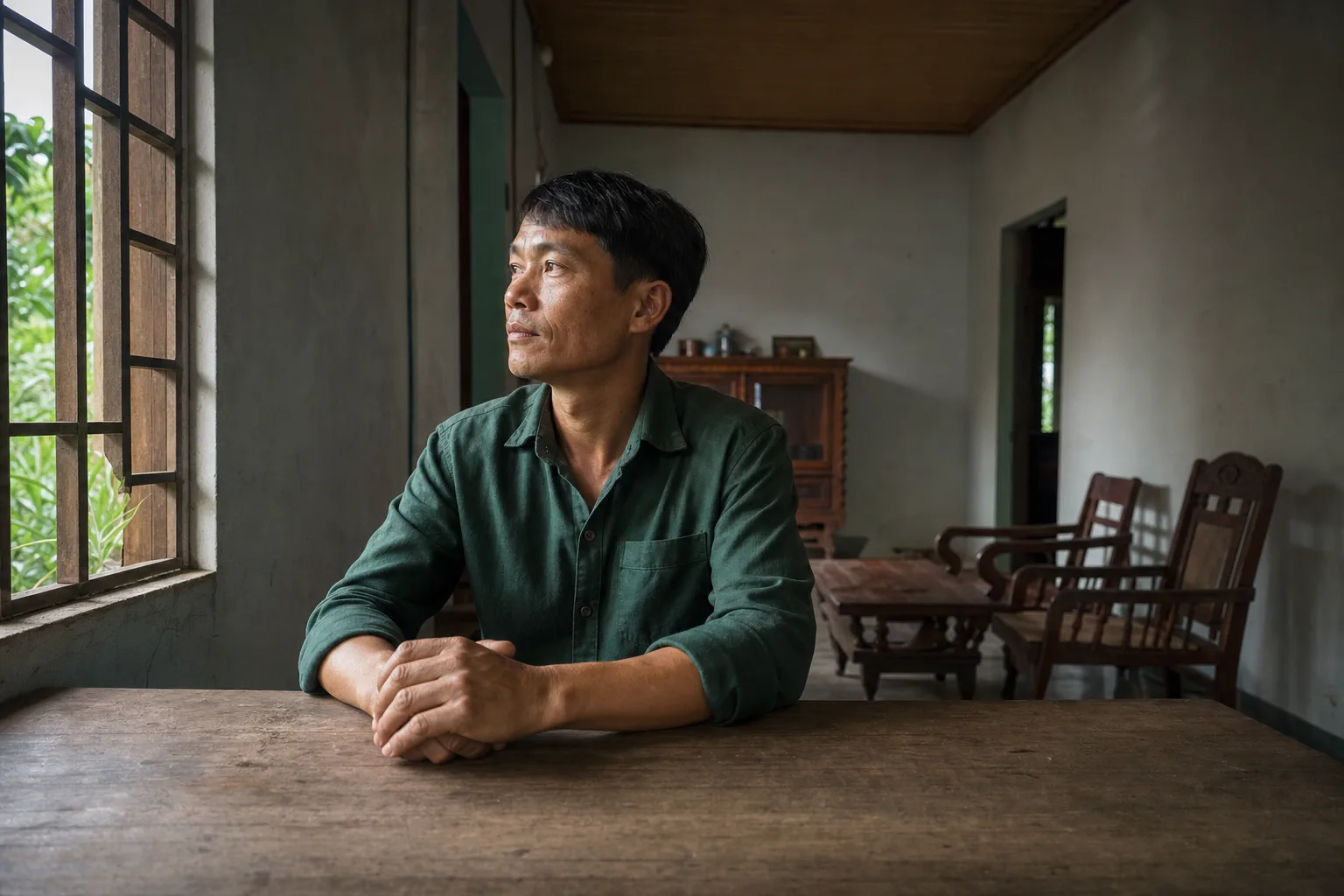 Một người ngồi một mình tại bàn trong không gian sinh hoạt gia đình ở Đắk Nông, tay đặt trên bàn và nhìn ra ngoài cửa sổ với vẻ suy nghĩ, thể hiện quá trình cân nhắc nội tâm trước