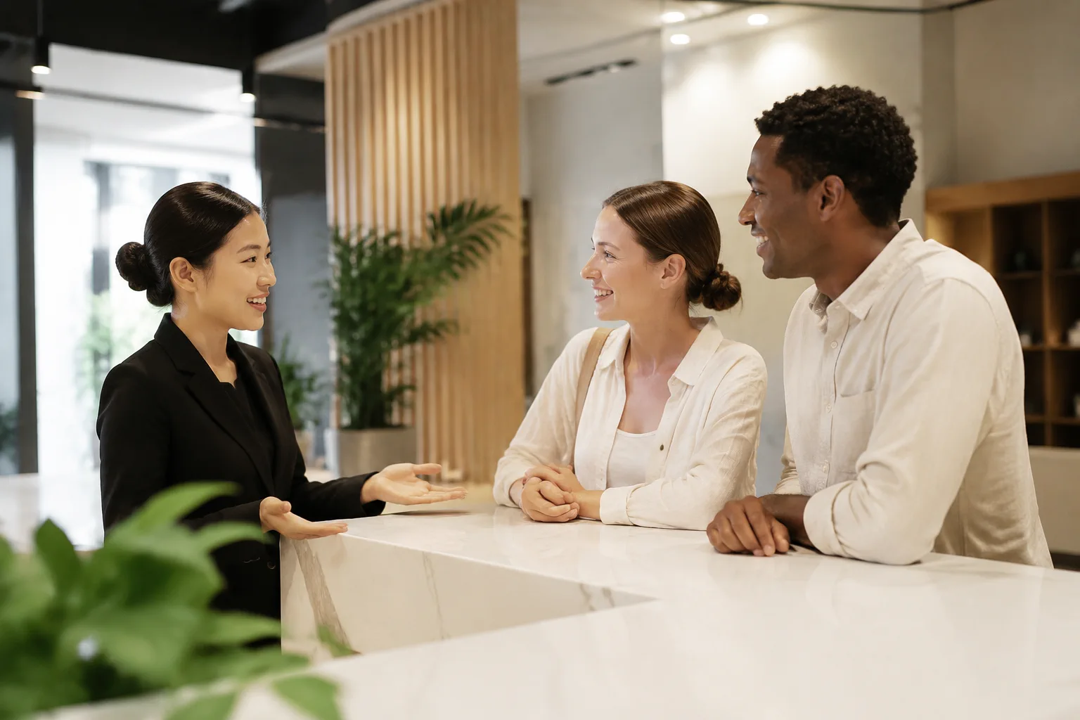 Không gian tiếp đón khách hàng tại doanh nghiệp Việt Nam với nhân viên tư vấn đang trao đổi cùng khách quốc tế trong khu vực dịch vụ hiện đại, thể hiện nhu cầu kết nối nhiều nhóm n