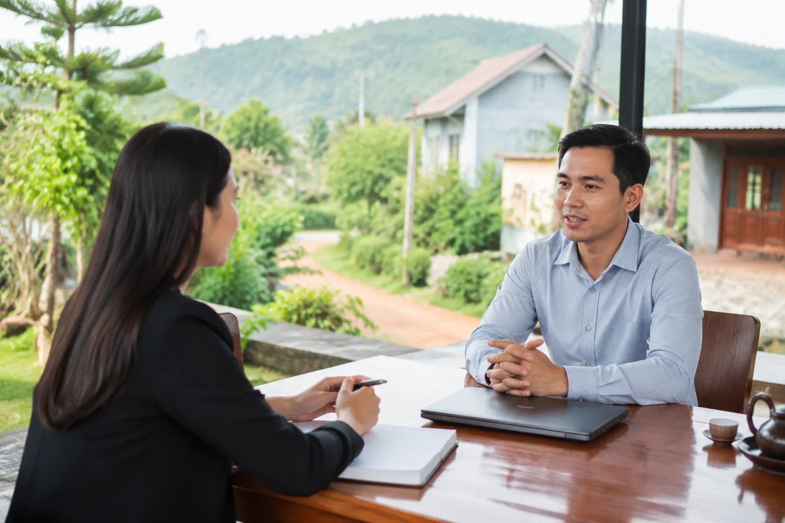 Người mua trao đổi nhu cầu sử dụng tài sản với chuyên gia bất động sản địa phương trong không gian thực tế